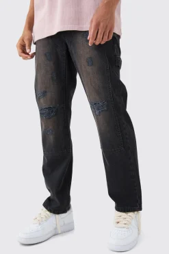 Relaxed Rigid Ripped Knee Carpenter Jeans In Washed Black | BoohooMAN UK