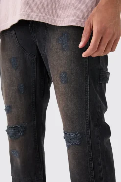 Relaxed Rigid Ripped Knee Carpenter Jeans In Washed Black | BoohooMAN UK
