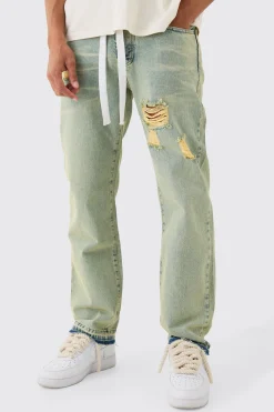 Relaxed Rigid Ripped Let Down Hem Jeans With Extended Drawcords In Green Wash | BoohooMAN UK