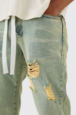 Relaxed Rigid Ripped Let Down Hem Jeans With Extended Drawcords In Green Wash | BoohooMAN UK