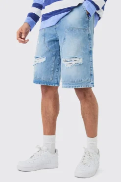 Relaxed Rigid Rippped Carpenter Denim Jort In Light Blue | BoohooMAN UK