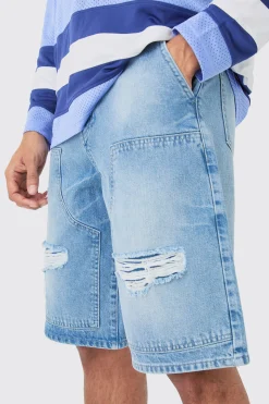 Relaxed Rigid Rippped Carpenter Denim Jort In Light Blue | BoohooMAN UK
