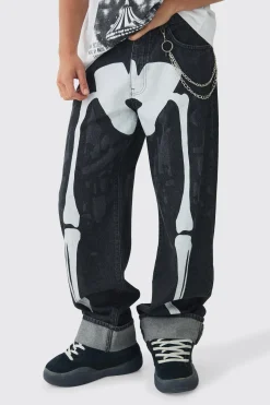 Relaxed Rigid Skeleton Printed Jeans With Chain | BoohooMAN UK
