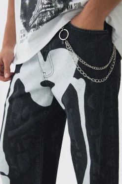 Relaxed Rigid Skeleton Printed Jeans With Chain | BoohooMAN UK