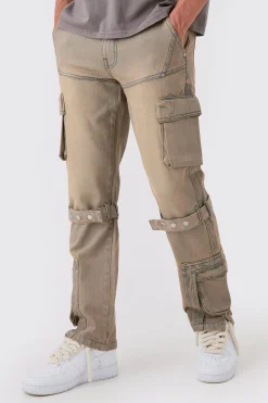 Relaxed Rigid Strap Detail Cargo Jeans In Antique Grey | BoohooMAN UK