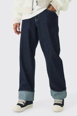 Relaxed Rigid Turn Up Jeans In Indigo | BoohooMAN UK