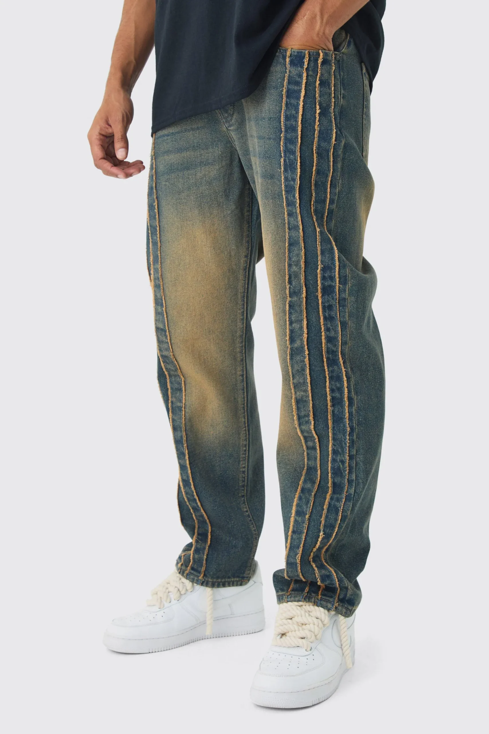 Relaxed Rigid Vintage Wash Distressed Side Panel Jeans | BoohooMAN UK