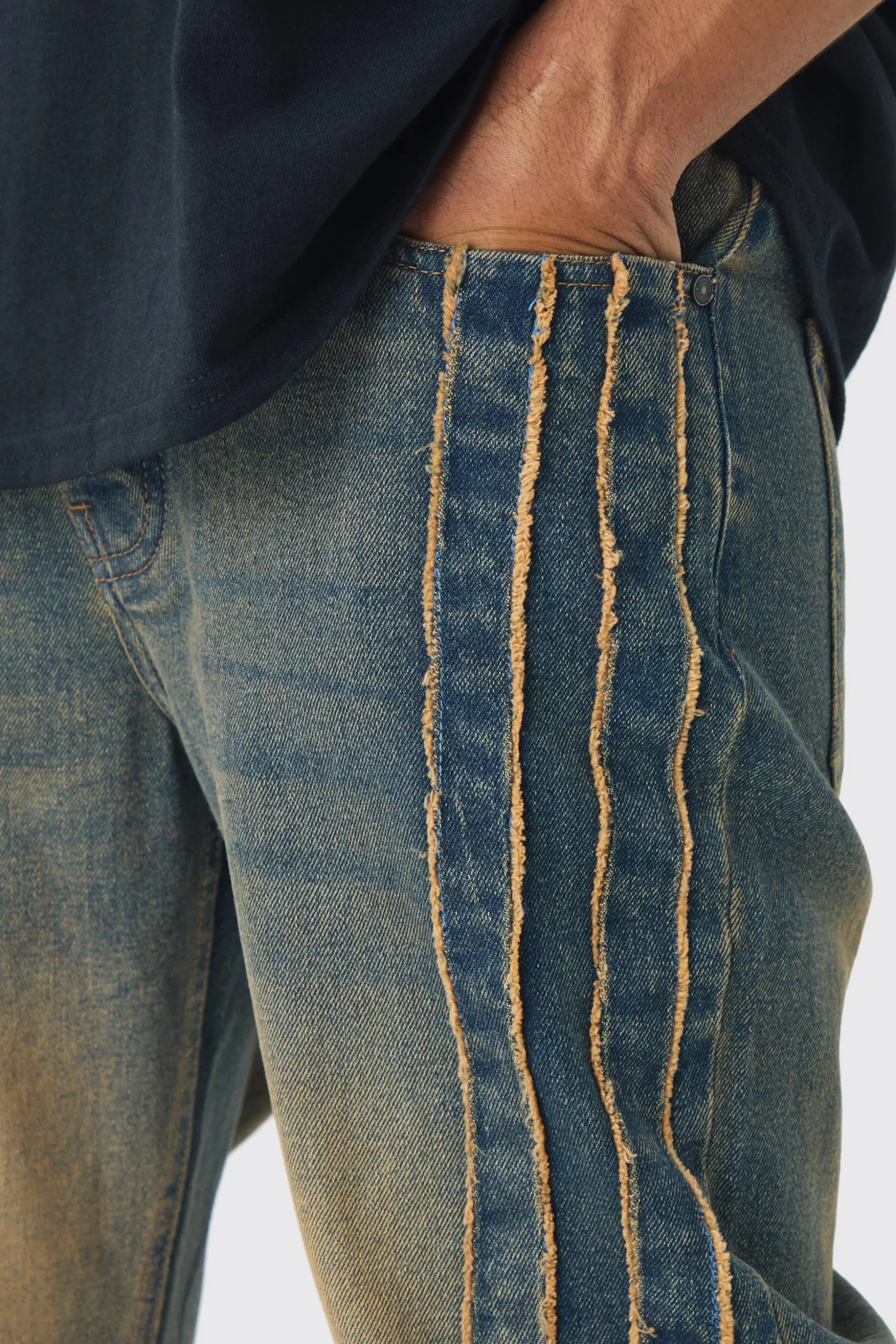 Relaxed Rigid Vintage Wash Distressed Side Panel Jeans | BoohooMAN UK