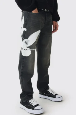 Relaxed Rigid Washed Dove Printed Jeans | BoohooMAN UK