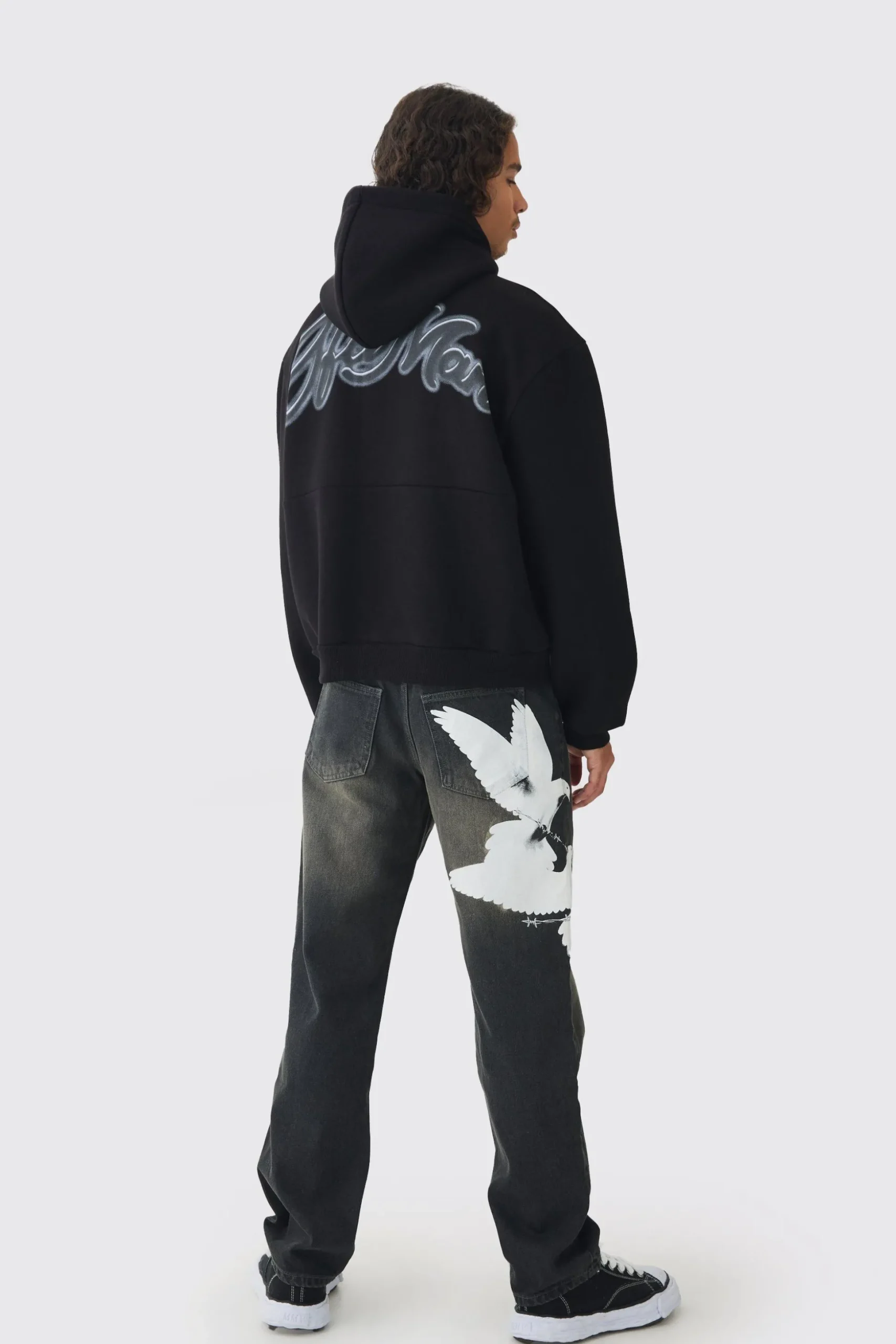 Relaxed Rigid Washed Dove Printed Jeans | BoohooMAN UK