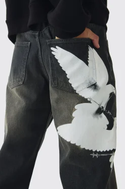 Relaxed Rigid Washed Dove Printed Jeans | BoohooMAN UK