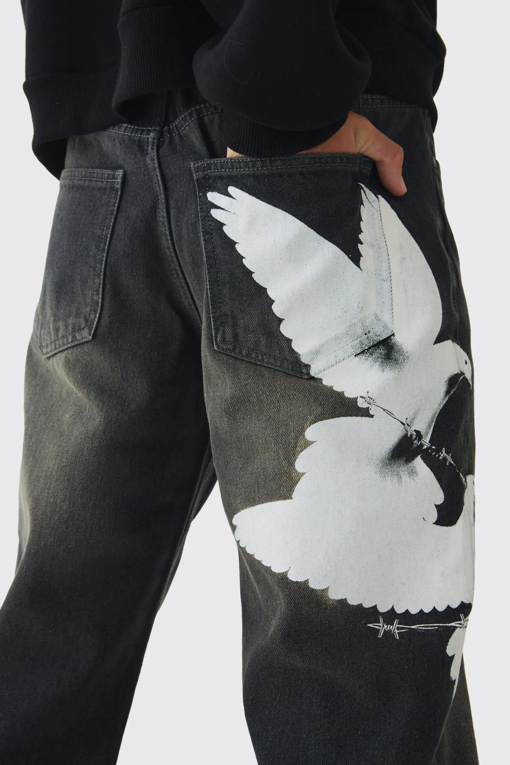 Relaxed Rigid Washed Dove Printed Jeans | BoohooMAN UK