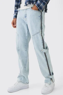 Relaxed Rigid Zip Detail Acid Washed Jeans | BoohooMAN UK