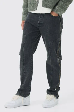 Relaxed Rigid Zip Detail Acid Washed Jeans | BoohooMAN UK
