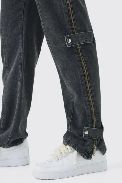 Relaxed Rigid Zip Detail Acid Washed Jeans | BoohooMAN UK