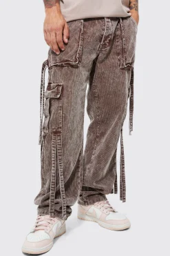 Relaxed Strap Detail Acid Wash Corduroy Trousers | BoohooMAN UK