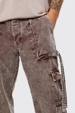 Relaxed Strap Detail Acid Wash Corduroy Trousers | BoohooMAN UK