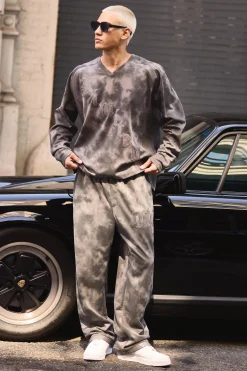 Relaxed Suede And PU Applique Varsity Split Hem Jogger | BoohooMAN UK