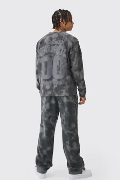 Relaxed Suede And PU Applique Varsity Split Hem Jogger | BoohooMAN UK