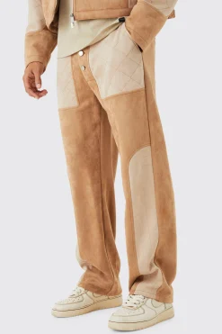 Relaxed Suede Quilted Panel Trouser | BoohooMAN UK