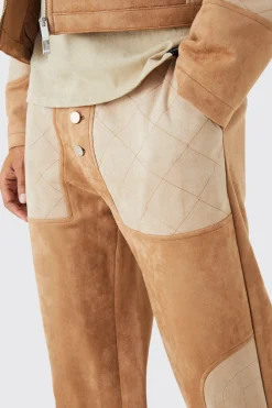 Relaxed Suede Quilted Panel Trouser | BoohooMAN UK