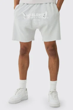 Relaxed Washed Heavyweight Graphic Waffle Shorts | BoohooMAN UK