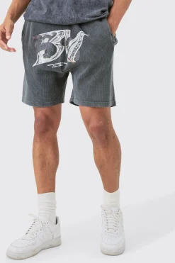 Relaxed Washed Heavyweight Graphic Volley Waffle Shorts | BoohooMAN UK