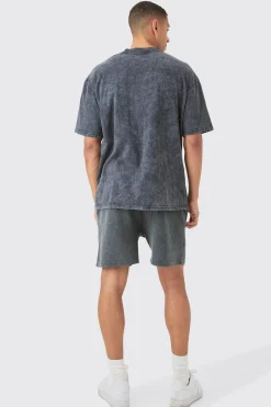 Relaxed Washed Heavyweight Graphic Volley Waffle Shorts | BoohooMAN UK