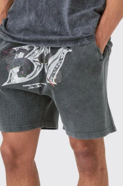 Relaxed Washed Heavyweight Graphic Volley Waffle Shorts | BoohooMAN UK