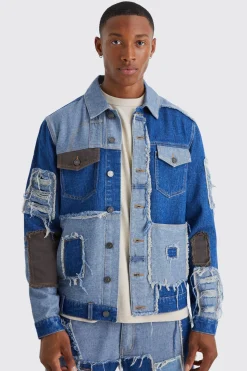 Re-purposed Patchwork Denim Jacket | BoohooMAN UK