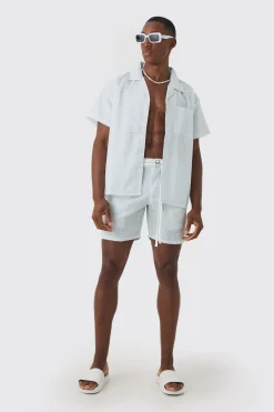 Revere Collar Boxy Shirt And Short Set In White | BoohooMAN UK