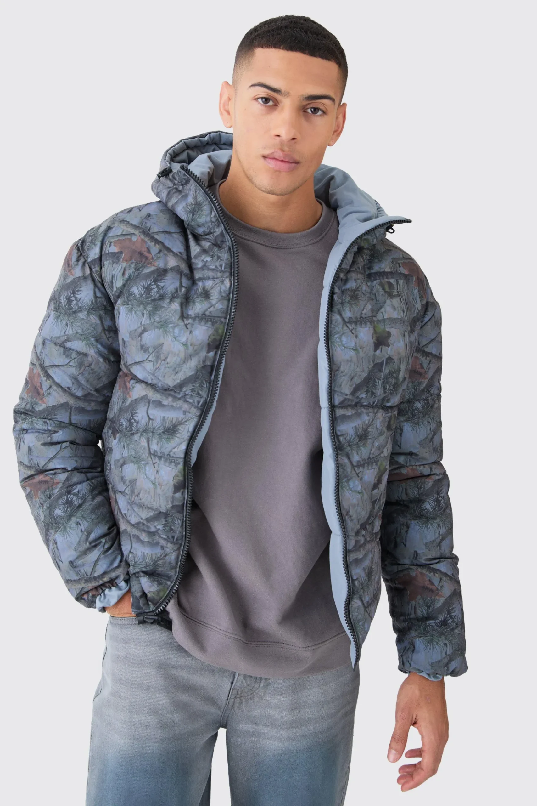 Reversible Camo Puffer Jacket | BoohooMAN UK