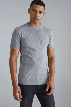 Ribbed Muscle Short Sleeve Extended Neck Knitted T-shirt | BoohooMAN UK