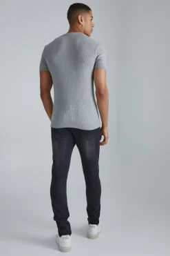 Ribbed Muscle Short Sleeve Extended Neck Knitted T-shirt | BoohooMAN UK