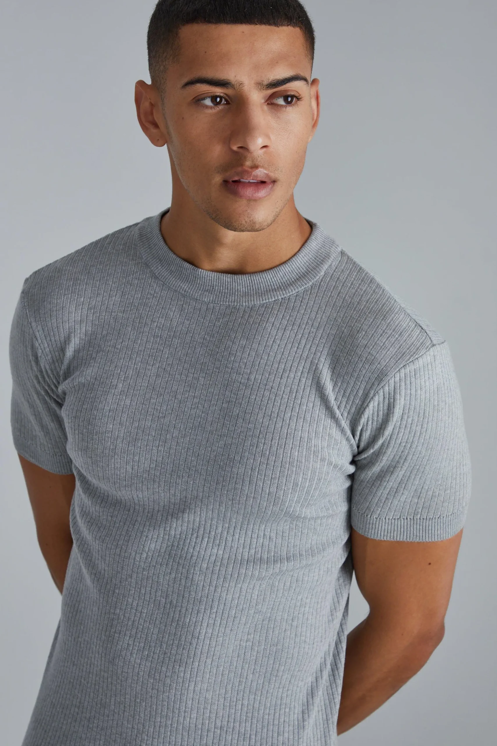 Ribbed Muscle Short Sleeve Extended Neck Knitted T-shirt | BoohooMAN UK