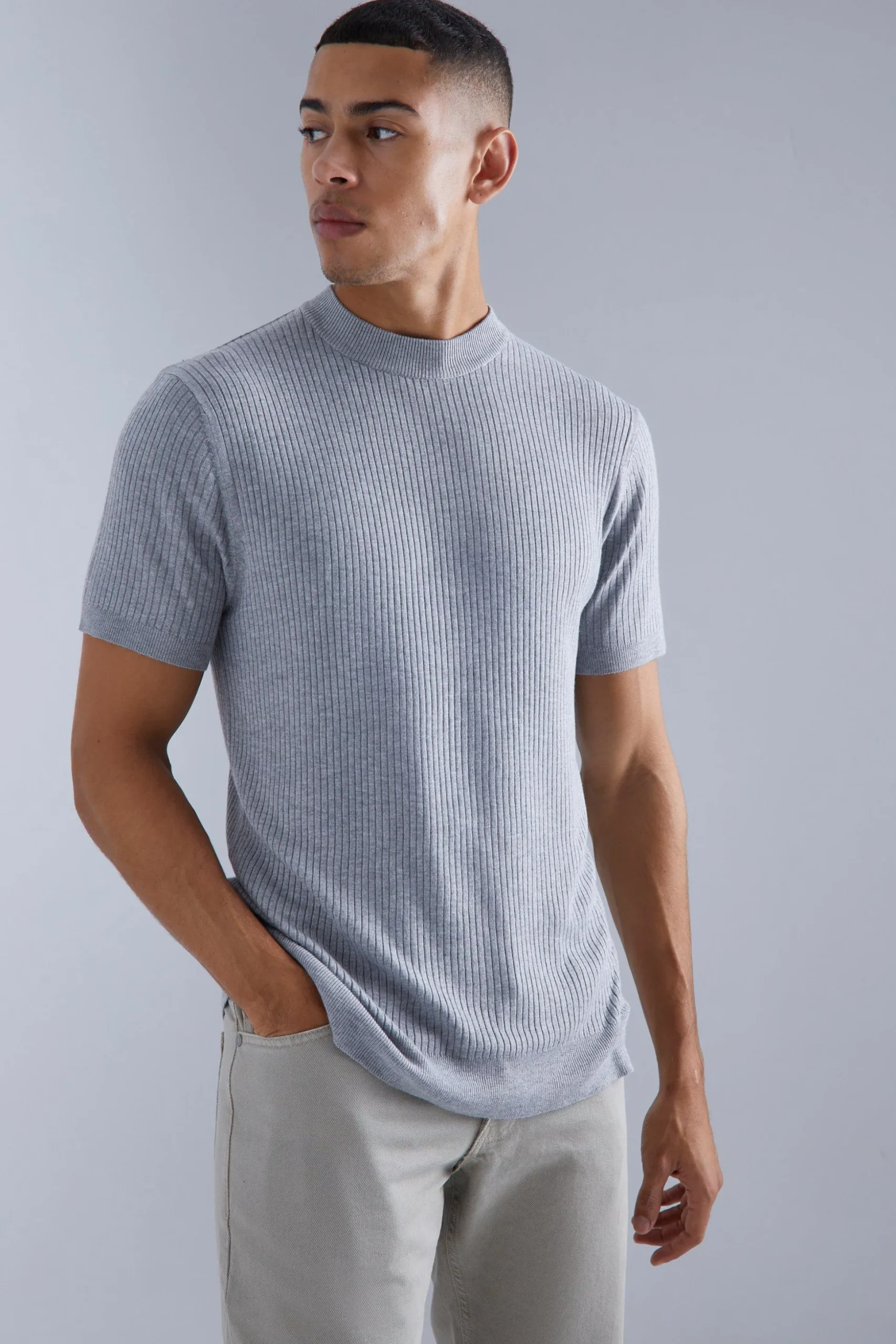 Ribbed Short Sleeve Extended Neck Knitted T-shirt | BoohooMAN UK