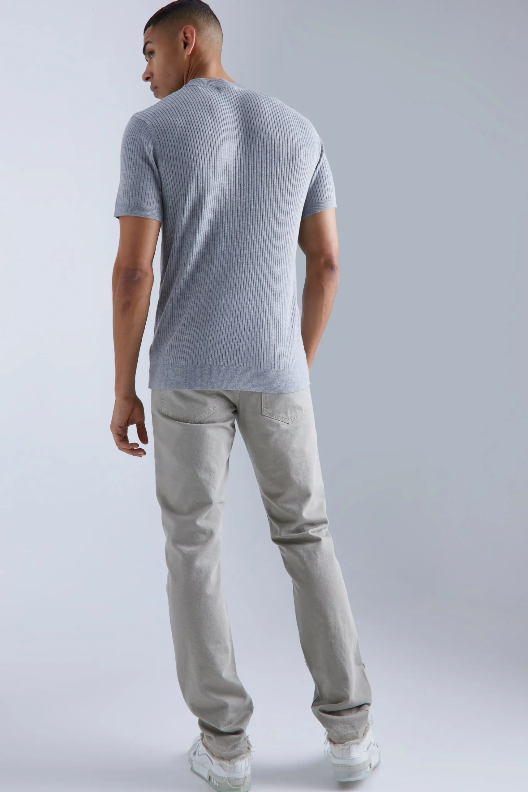 Ribbed Short Sleeve Extended Neck Knitted T-shirt | BoohooMAN UK