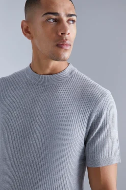 Ribbed Short Sleeve Extended Neck Knitted T-shirt | BoohooMAN UK