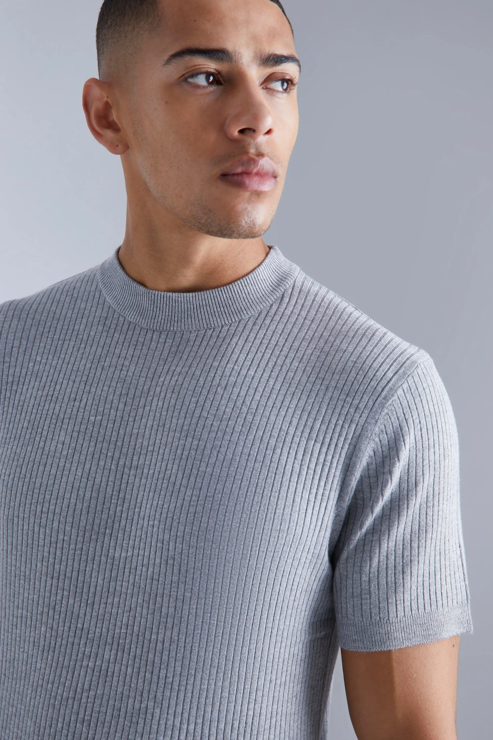Ribbed Short Sleeve Extended Neck Knitted T-shirt | BoohooMAN UK