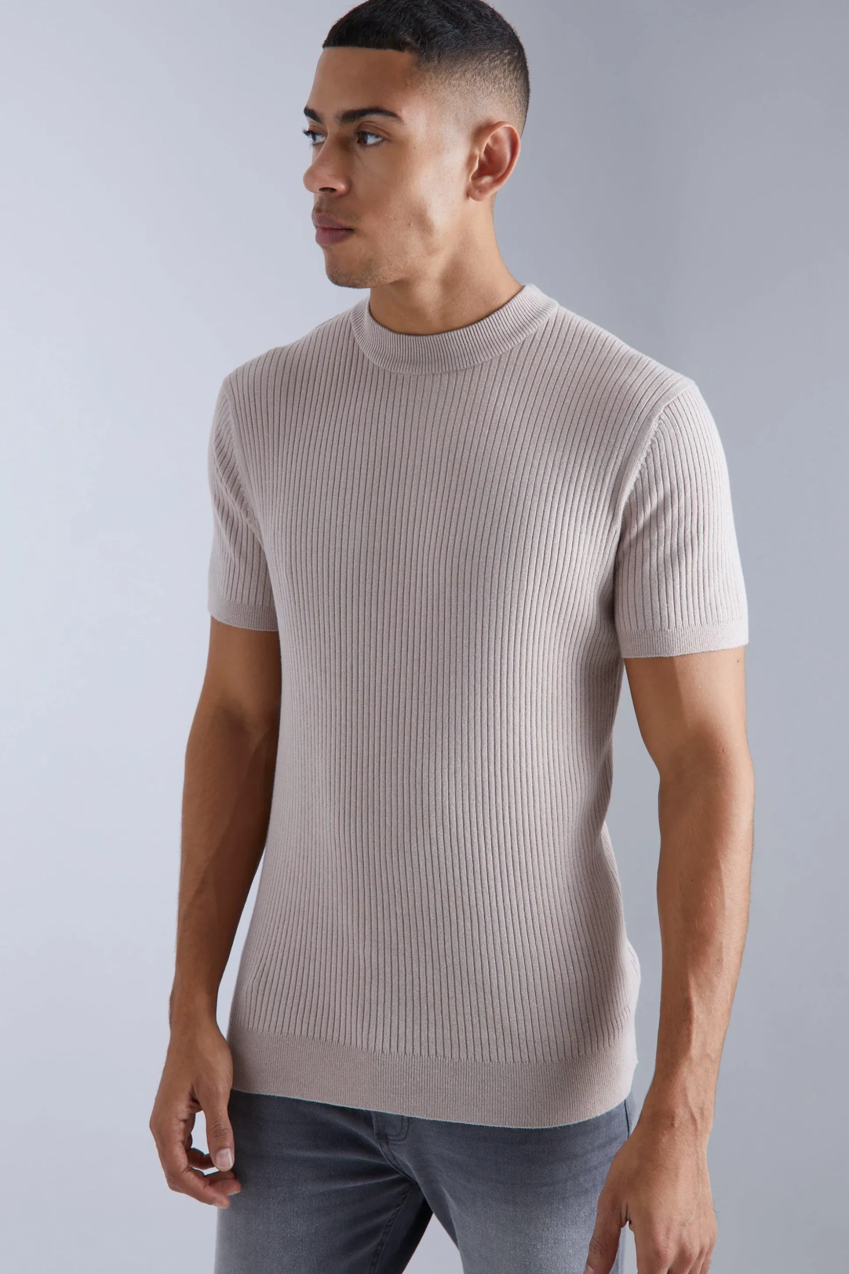 Ribbed Short Sleeve Extended Neck Knitted T-shirt | BoohooMAN UK