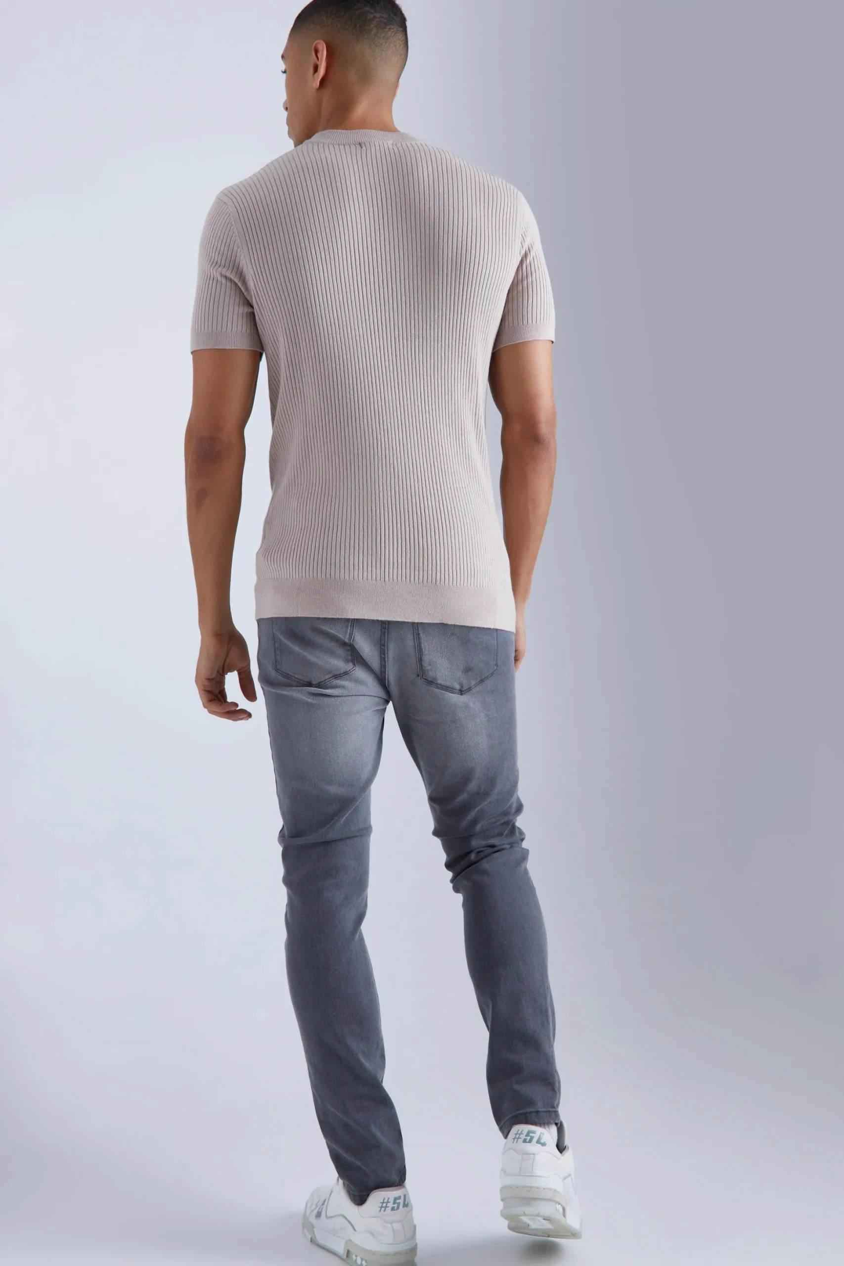 Ribbed Short Sleeve Extended Neck Knitted T-shirt | BoohooMAN UK