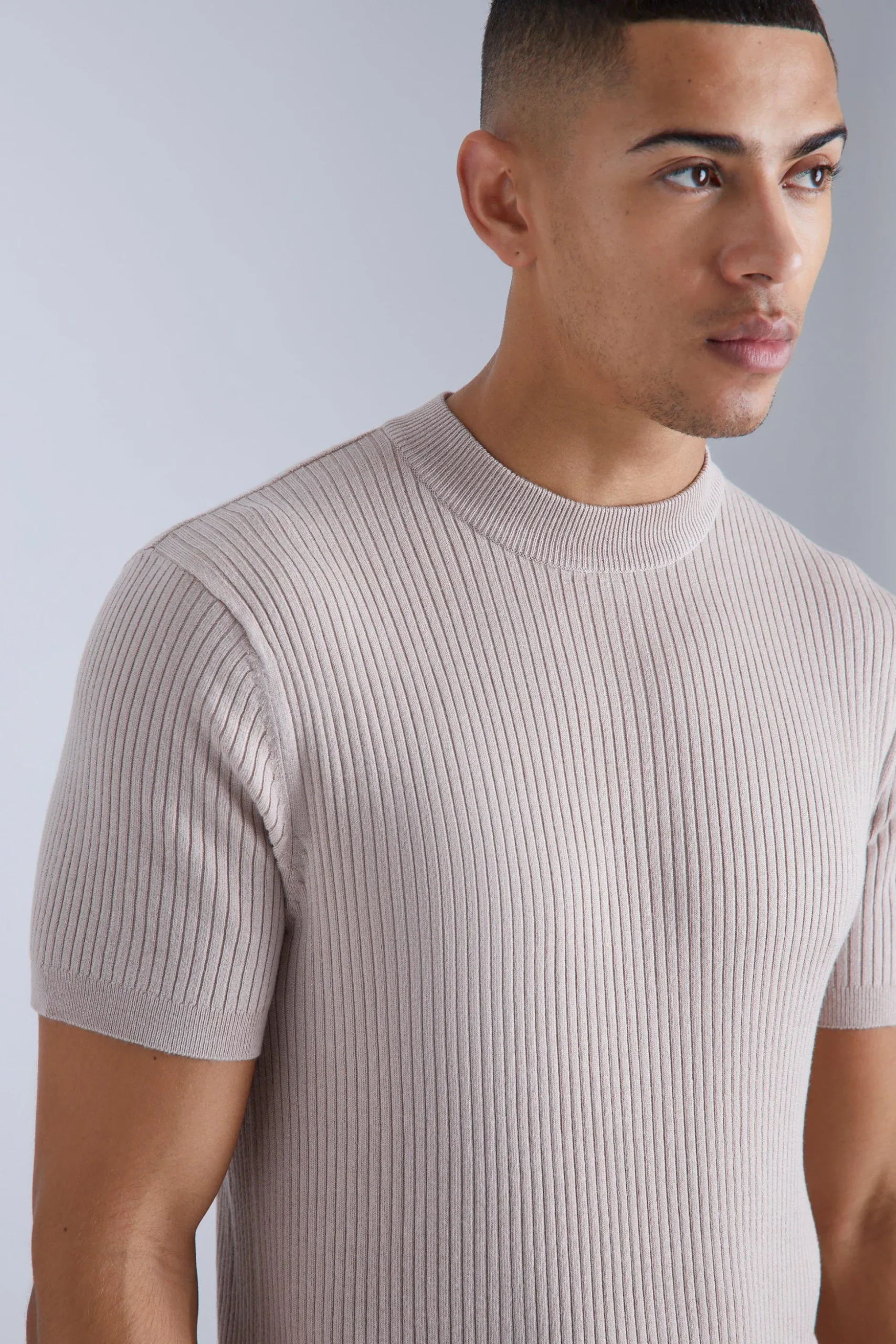 Ribbed Short Sleeve Extended Neck Knitted T-shirt | BoohooMAN UK