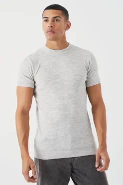 Ribbed Short Sleeve Extended Neck Knitted T-shirt | BoohooMAN UK