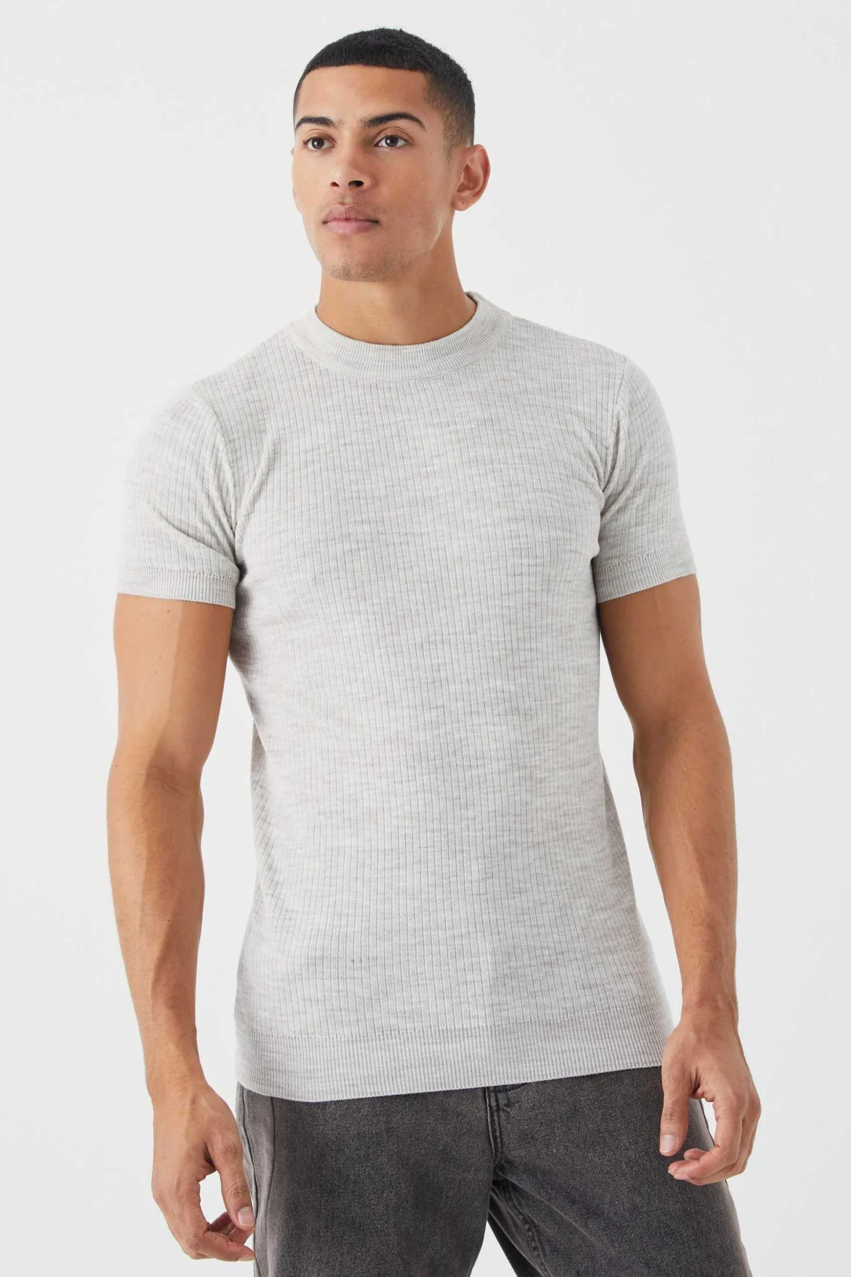 Ribbed Short Sleeve Extended Neck Knitted T-shirt | BoohooMAN UK