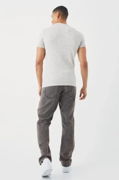 Ribbed Short Sleeve Extended Neck Knitted T-shirt | BoohooMAN UK