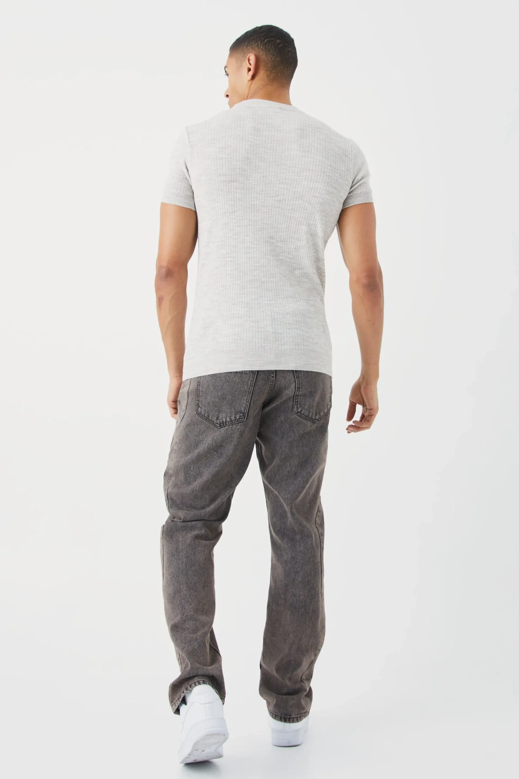 Ribbed Short Sleeve Extended Neck Knitted T-shirt | BoohooMAN UK