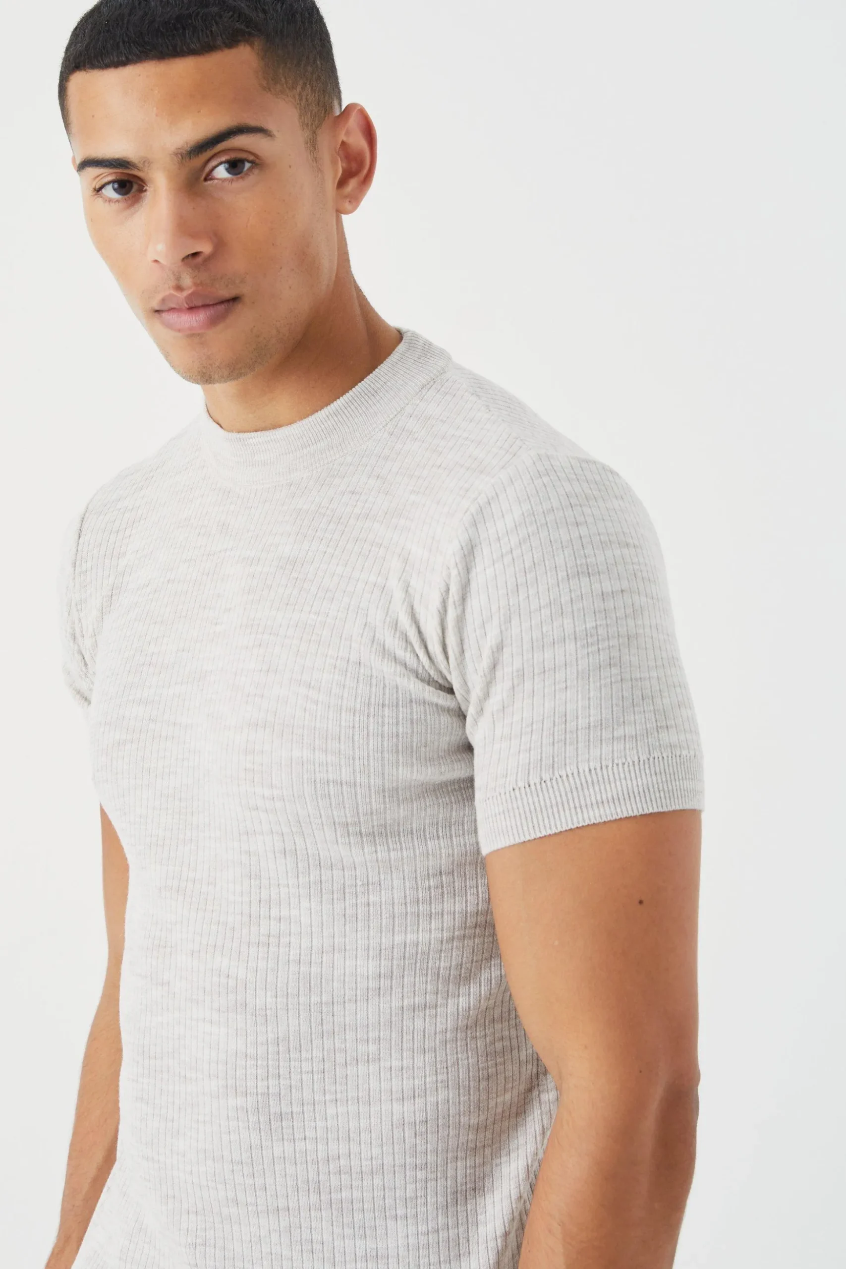 Ribbed Short Sleeve Extended Neck Knitted T-shirt | BoohooMAN UK