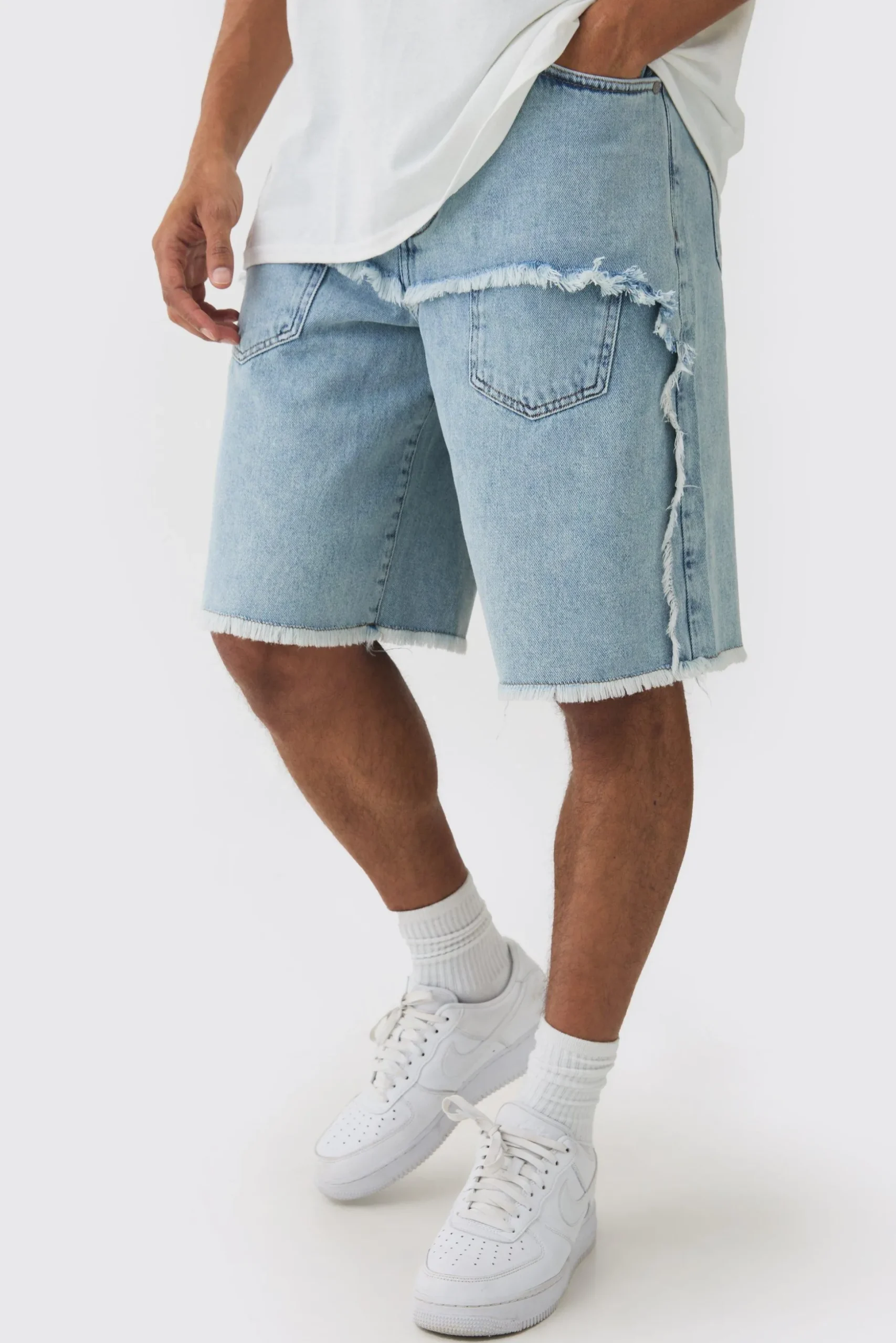 Rigid Denim Faux Layer Jorts In Ice Blue | BoohooMAN UK