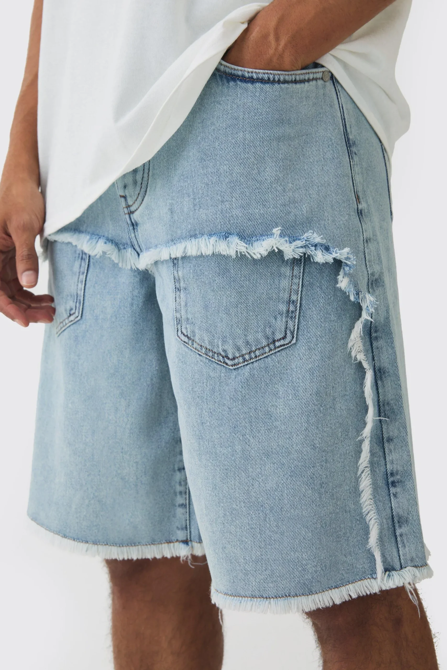 Rigid Denim Faux Layer Jorts In Ice Blue | BoohooMAN UK