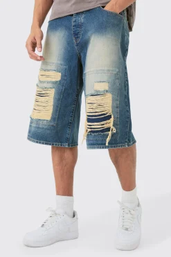 Rigid Extreme Ripped Denim Jorts In Antique Blue | BoohooMAN UK